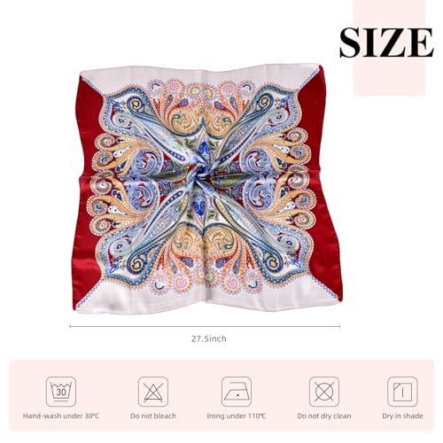 27.5 Inches Silk Head Scarf for Women Satin Hair Scarf Silk Wrap Neck Square Scarves Feeling Scarf Boho Headwear - color: Red-peacock