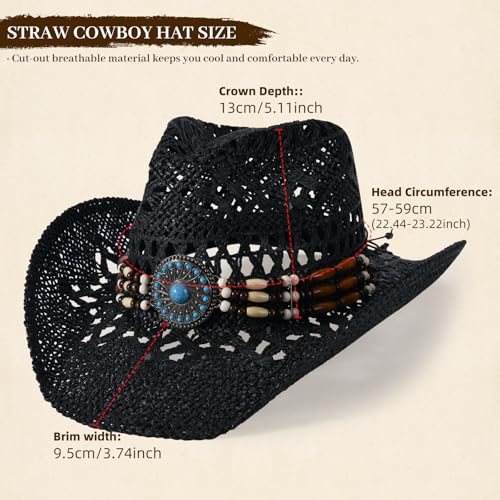 Straw Cowboy Hat for Men Womens Straw Cowgirl Hat Summer Western Cowboy Hats with Wide Brim for Cowgirls and Cowboys - color: Black