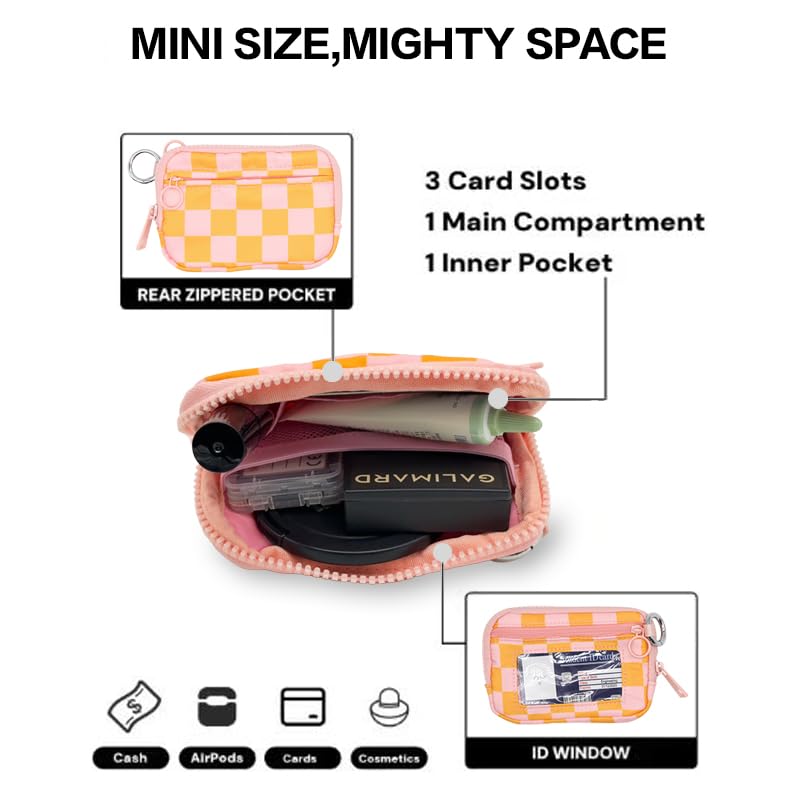 Nylon Wristlet Wallet for Women,Quilted RFID Blocking Small Zipper Coin Purse Keychain Wallet with ID Window Lightweight Travel Wristlet wallet - color: Orange Pink