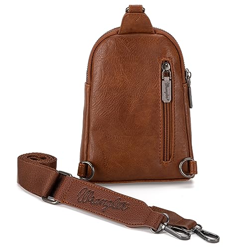 Wrangler Small Sling Bag for Women, Leather Crossbody Bags Cross Body Purse Fanny Packs with Adjustable Strap for Gift - color: Classic-caramel Brown Distressed