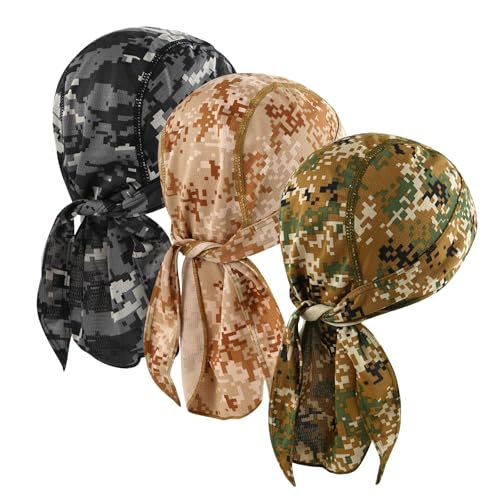 DOCILA 3 Pcs Do Rags for Men Skull Cap Bandana Hat Breathable Helmet Linner Beanie - color: Desertbrowngrey