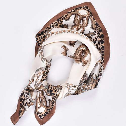 27.5 Inches Silk Head Scarf for Women Satin Hair Scarf Silk Wrap Neck Square Scarves Feeling Scarf Boho Headwear - color: White-leopard Print Chain