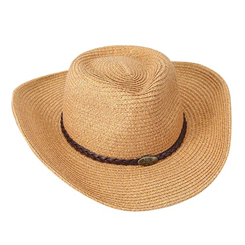 Straw Cowgirl Hat for Women Cowboy Hats for Men Wide Brim Sun Hat Shapeable Western Hat Beach Hat - color: Brown