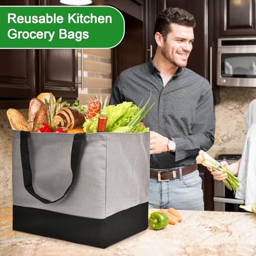 3 Pack Canvas Reusable Grocery Bags Heavy Duty, 8.3 gal Foldable Large Tote Bag with Handles, Holds 60 lbs Canvas Shopping Bags & Washable Eco-friendly Bags with 5 Pockets, Grey+Black - color: [A0] Grey / Black, size: 3 Pack