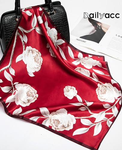 Dailyacc Hair Bandanas Scarf For Women Lightweight Fashion Neck Silk Satin Head Scarves For Sleeping Handbags Scarf - color: 1-red Peony/27.5*27.5in