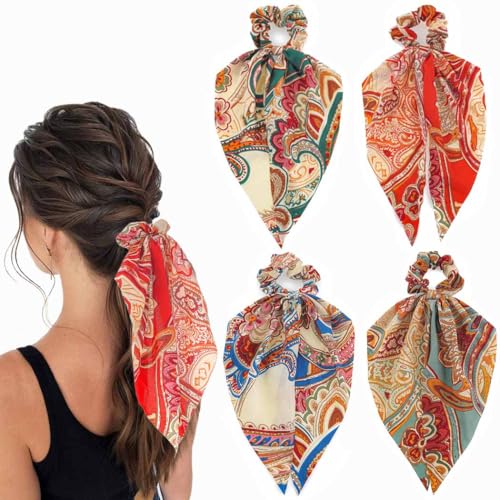 Boho Hair Scarf Scrunchies for Women Bow Hair Ties Floral Hair Scrunchies Silk Elastic Ponytail Holder Hair Accessories for Girls 4 pcs (Boho) - color: Boho