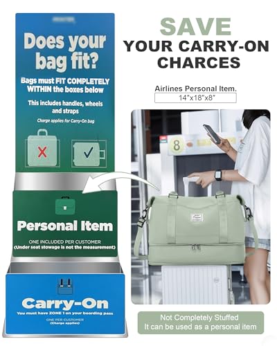 Spirit Travel Duffel - 18x14x8 Inches Weekender Overnight Bag with Shoes Compartment, Trolley Sleeve, Carry On for Airplanes, Sport Tote Gym Bag in BeigeGreen - color: H11-BeigeGreen, size: Large