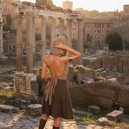 Boho Raw-Edge Crop Top – Adjustable Halter with Open Back & Cross-Wrap Design, 100% Cotton Beach Cover Up - color: Dark Brown