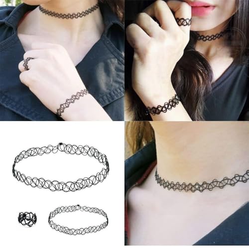 90s Tattoo Choker Necklace, Bracelet & Ring Set – 9 Pieces Black Stretch Gothic Jewelry (3 Necklaces, 3 Bracelets, 3 Rings) – Retro Grunge Aesthetic Accessories for Women