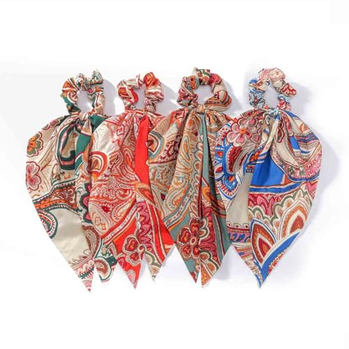 Boho Hair Scarf Scrunchies for Women Bow Hair Ties Floral Hair Scrunchies Silk Elastic Ponytail Holder Hair Accessories for Girls 4 pcs (Boho) - color: Boho