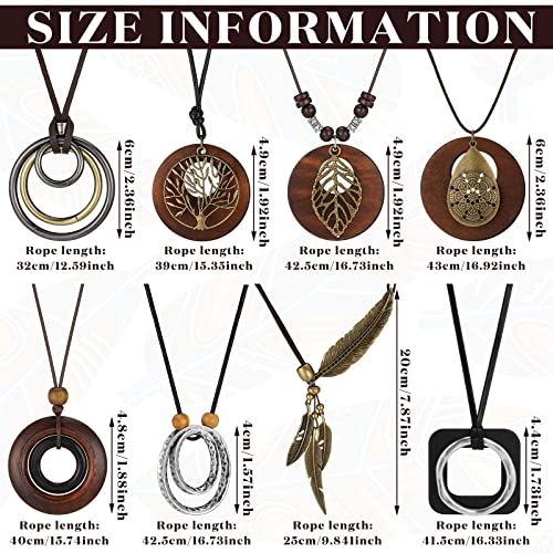 Huquary 8 Pcs Boho Long Necklaces for Women Vintage Wooden Necklaces Handmade Hippie Faux Leather Cord Sweater Jewelry