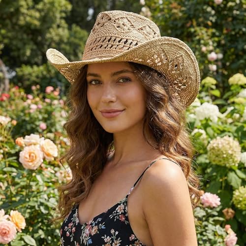 Men & Women's Summer Cowboy Cowgirl Straw Hat Hollow Out Woven Roll Up Wide Brim Sun Hat with Chin Strap - color: Camel
