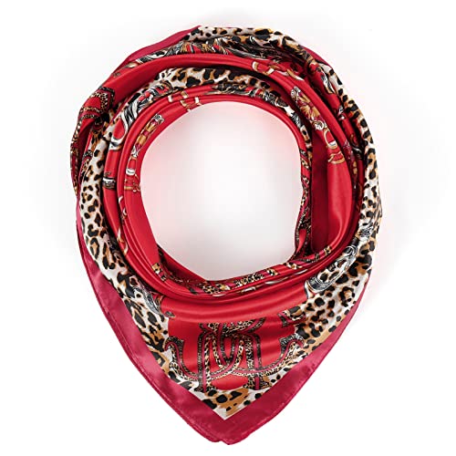 QBSM 35'' Satin Large Square Head Scarf Silk Feeling Neck Scarves Hair Sleeping Wrap Lightweight Headscarf for Women - color: Red Leopard