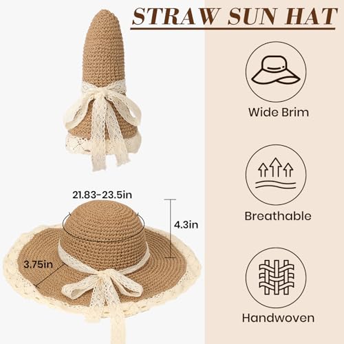 Beach Hats for Women - Beach Hat Womens UPF 50+ Lace Ribbon,Packable Sun Hat Women,Straw Hat for Women 2026 - color: Khaki