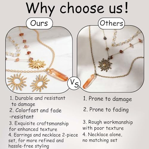 Layered Crystal Sun Necklace and Sun Earrings,Gold Summer Beach Necklace,Gothic Boho Hippie Jewelry,Ideal Jewelry Gifts for Women