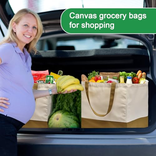 3 Pack Canvas Reusable Grocery Bags Heavy Duty, 8.3 gal Foldable Large Tote Bag with Handles, Holds 60 lbs Canvas Shopping Bags & Washable Eco-friendly Bags with 5 Pockets, camel+Off white - color: [A1] Off White / Brown, size: 3 Pack