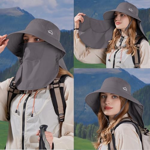 Sun Hat for Men Women with Neck Flap,UPF 50+ UV Protective Hiking Fishing Hats,Wide Brim Sun Hat for Women&Men - color: 1pack-style2-darkgrey(with Face Cover)