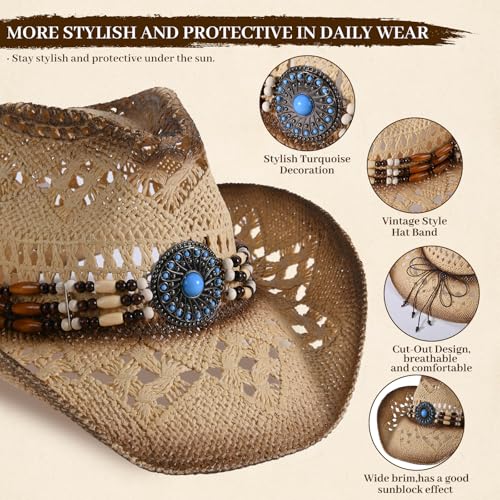 Straw Cowboy Hat for Men Womens Straw Cowgirl Hat Summer Western Cowboy Hats with Wide Brim for Cowgirls and Cowboys - color: Beige