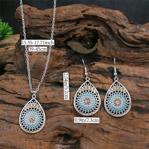 Handmade Teardrop Turquoise Earrings Necklace Set for Women Bohemia Tribal Antique Ethnic Style Earring Delicate Teardrop Gemstone Dangle Drop Statement Earrings Western Jewelry - color: Silver