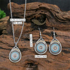 Handmade Teardrop Turquoise Earrings Necklace Set for Women Bohemia Tribal Antique Ethnic Style Earring Delicate Teardrop Gemstone Dangle Drop Statement Earrings Western Jewelry - color: Silver