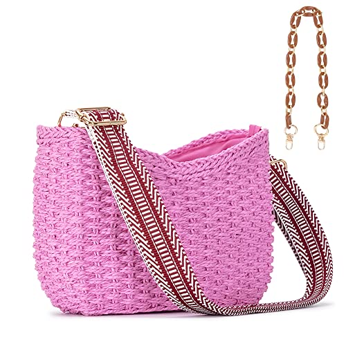 Herald Small Summer Crossbody Bags for Women, Beach Handmade Straw Woven Pocketbooks Handbag Shoulder Purse - color: Pink