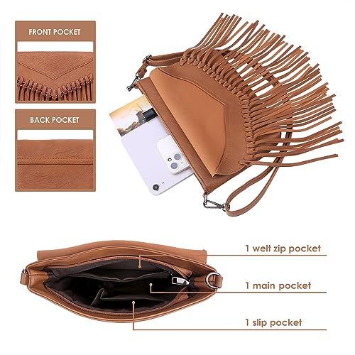 HDE Women's PU Leather Hobo Fringe Crossbody Tassel Purse Vintage Small Flap Envelope Handbag Western Sling Shoulder Bag - color: Caramel Brown