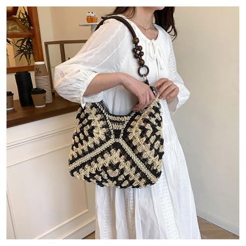 OANEXX Summer Straw Hobo Bags for Women Boho Woven Mesh Beach Tote Bag Large Capacity Crochet Vacation Shoulder Handbag - color: Black