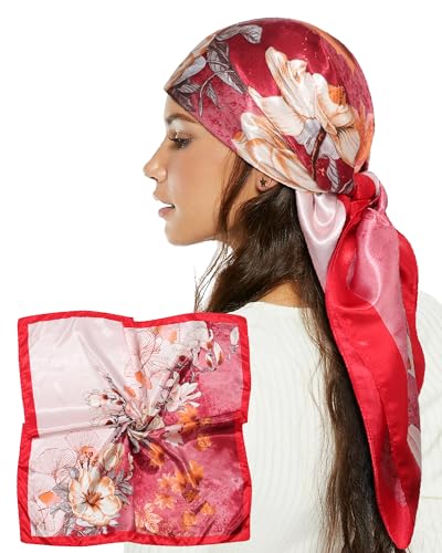AWAYTR 35” Satin Head Scarf for Women Like Silk Scarf Hair Bandanas Women Large Square Neck Scarf Headscarf Head Wrap - color: Red + Pink