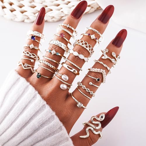Gold Boho Sparkle Knuckle Rings Set For Women, Vintage Fashion Aesthetic Trendy Joint Snake Ring Pack, Retro Green Black Pink Colorful Rhinestone Star Crystal Leaf Diamond Pearl Jewelry - color: Gold