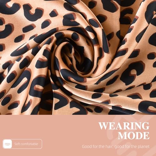27.5 Inches Silk Head Scarf for Women Satin Hair Scarf Silk Wrap Neck Square Scarves Feeling Scarf Boho Headwear - color: Leopard Coffee