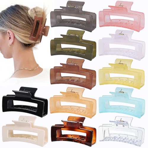 Sisiaipu 12 Pack Medium Square Claw Hair Clips, 3.5 x 2 x 1.1 inch, Shiny, 12 Colors, Hair Accessories for Women and Girls, Rectangular Rectangle Jaw Clips for Thick and Thin Hair Securing, 12 Pieces - color: Jelly