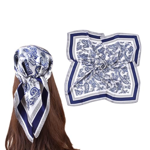 27.5 Inches Silk Head Scarf for Women Satin Hair Scarf Silk Wrap Neck Square Scarves Feeling Scarf Boho Headwear - color: Navy Blue- Small Cashews