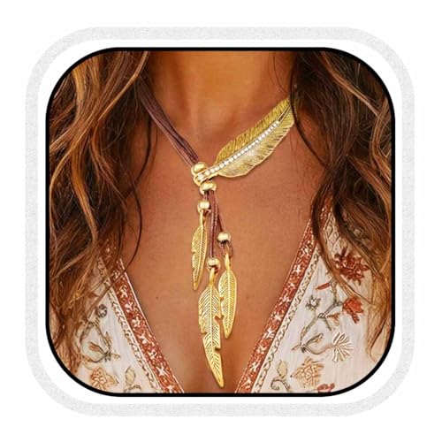 Yean Bohemian Style Rope Chain Vintage Leaf Feather Pattern Pendant Necklace for Women