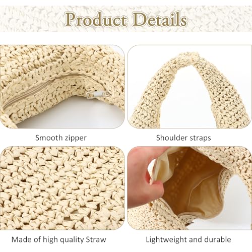 Fecialy Straw Bag for Women Crescent Shoulder Handbag Straw Summer Beach Tote Handbag Raffia Woven Hobo Bag - color: Beige