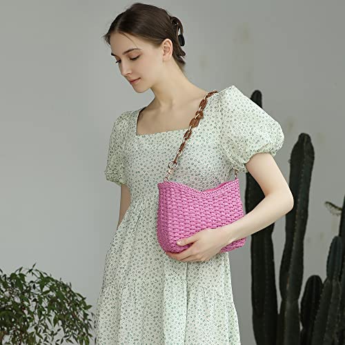 Herald Small Summer Crossbody Bags for Women, Beach Handmade Straw Woven Pocketbooks Handbag Shoulder Purse - color: Pink