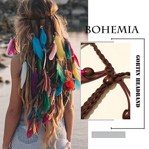GORTIN Boho Feather Headband Gypsy Headpiece Headdress Bohemian Hippie Headbands Indian Festival Hair Band Adjust Long Feather Hair Accessories for Women (Colorful) - color: Colorful