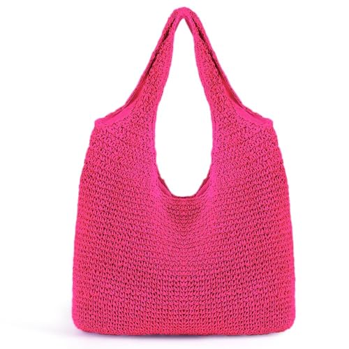 Hand-woven Soft Large Straw Shoulder Bag Boho Straw Handle Tote Retro Summer Beach Bag Rattan Handbag - color: Pink