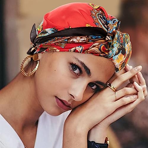 HBselect 4PCS Head Scarf for Women 35” Head Scarves Silk Like Satin Neck Scarfs Square Bandana Hair Wraps Scarf for Sleeping - color: Red, Blue, Brown, Beige