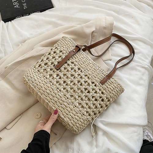 Stylish Boho Straw Tote Bag Hand-woven Purse Beach Handbag Summer Shoulder Bag With Adjustable Strap - color: Ivory