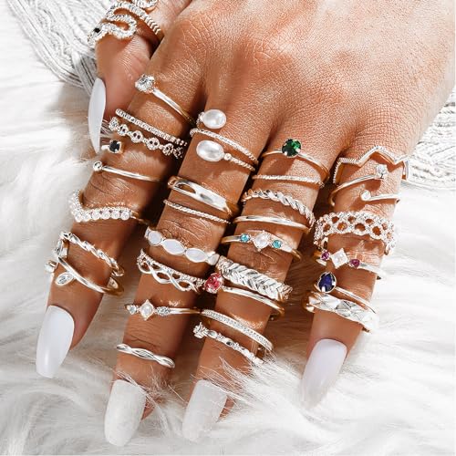 Gold Boho Sparkle Knuckle Rings Set For Women, Vintage Fashion Aesthetic Trendy Joint Snake Ring Pack, Retro Green Black Pink Colorful Rhinestone Star Crystal Leaf Diamond Pearl Jewelry - color: Gold