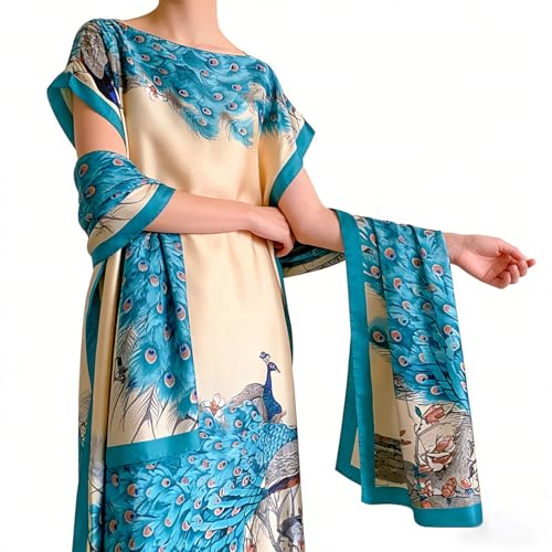 Women's Print Kaftan & Scarf Set, Boat Neck Silky Shawl Dress, Elegant Boho Chic Cape Wrap for Swimsuit Cover Up