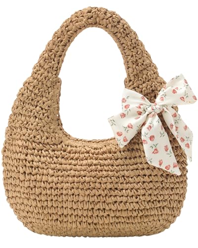 fauson Beach Bags for Women - Handmade Straw Clutch Purses for Women Handbag Zip Closure Tote Bag Lightweight - color: Handbag Brown Bag