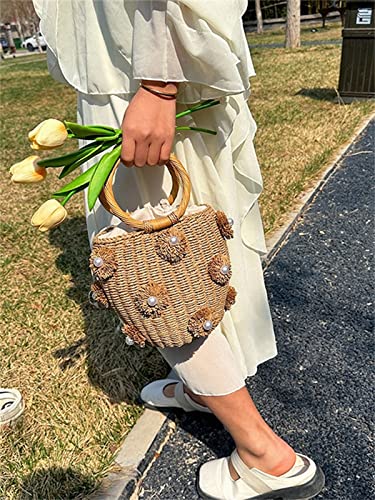 Summer Straw Bag for Women Pearl Flower Bucket Tote Bag Diamond Handbag Hand Woven Rattan Shell Purse Drawstring - color: A-khaki