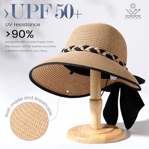 Beach Sun Straw Hats for Women, UPF 50+ UV Sun Protection Wide Brim Summer Straw Hat Foldable Packable Roll up Cap - color: Deep Khaki
