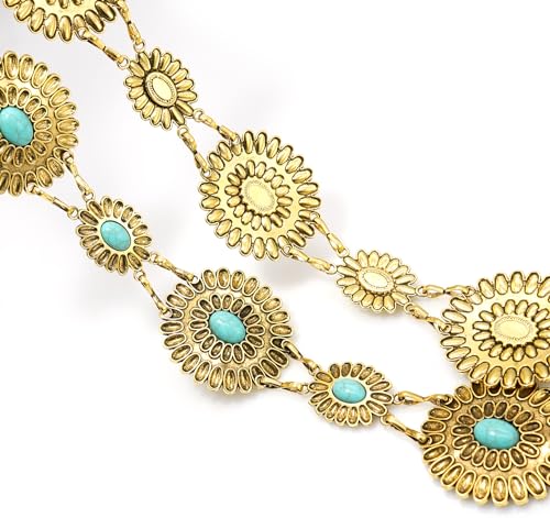 Women's Concho Chain Belt Western Cowgirl Metal Waist Chain Belt for Dress - color: E Turquoise Gold, size: XL: 59 in