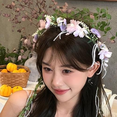 Boho Floral Crown for Women– Adjustable Faux Silk Flower Headband, Handmade Wedding Hair Accessory for Festivals & Photoshoots, Flower Hair Crown for Women (Purple Pink Flower, Adjustable) - color: Purple Pink Flower