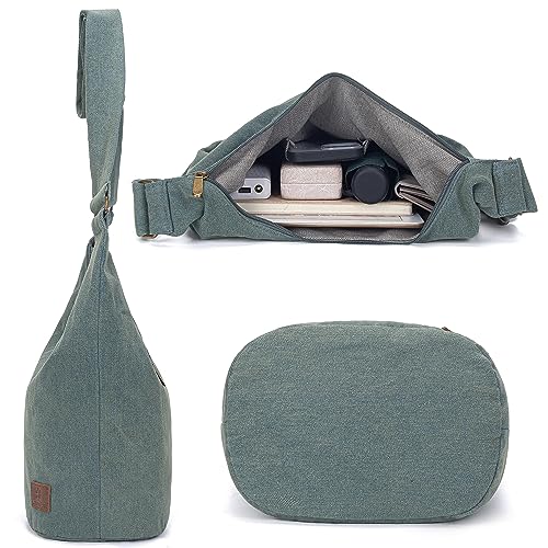 Coton Pose Women Hippie Crossbody Bag - Top Zip Large Capacity Canvas Sling Bag - Jacquard Cloth Handmade - color: Denim Green