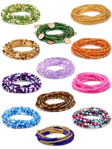 Fumete 12 Pcs Waist Beads Set Handmade African Belly Beads Chain Plus Size Body Jewelry Non Stretching Belly Chain for Women - size: 50 Inch, style: Exotic
