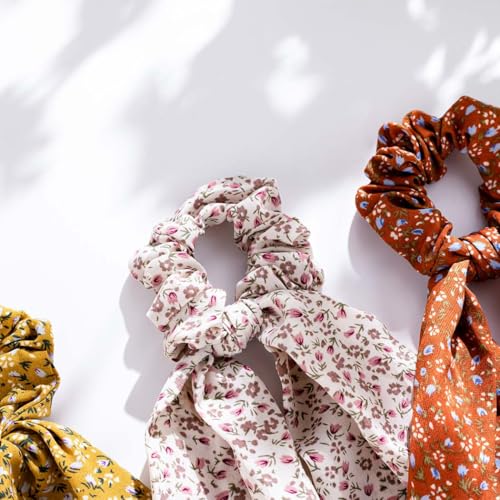 Boho Hair Scarf Scrunchies for Women Bow Hair Ties Floral Hair Scrunchies Silk Elastic Ponytail Holder Hair Accessories for Girls 4 pcs (Flower-1) - color: Flower-1