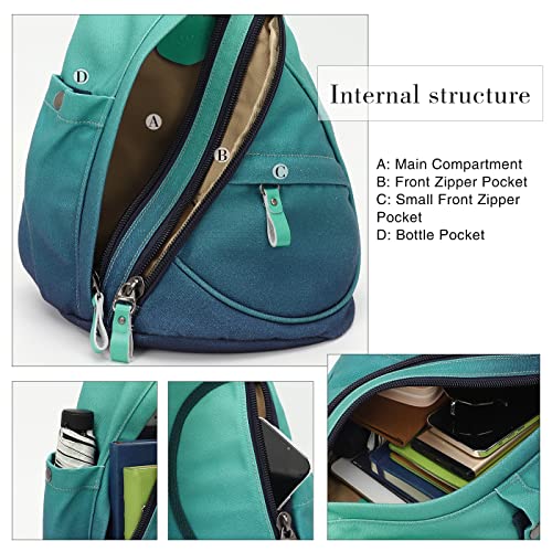 KL928 Canvas Sling Bag - Small Crossbody Backpack Shoulder Casual Daypack Rucksack for Men Women(Large Version,Blue+GrayishGreen) - color: Canvas-blue+grayishgreen